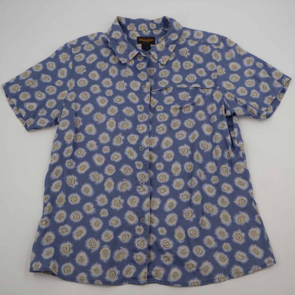 Woolrich Button Down Shirt Womens Large Blue Short Sleeve Sun Medallion Print